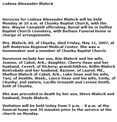 Lodena Blalock obituary